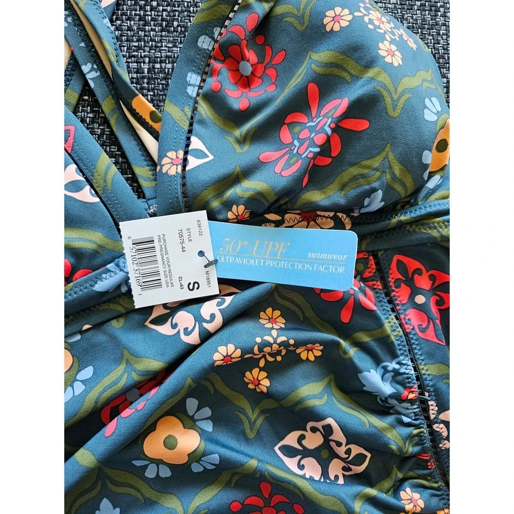 A Pea in the‎ Pod Maternity Tankini Set Small Teal Floral NWT 50+ UPF Ruched